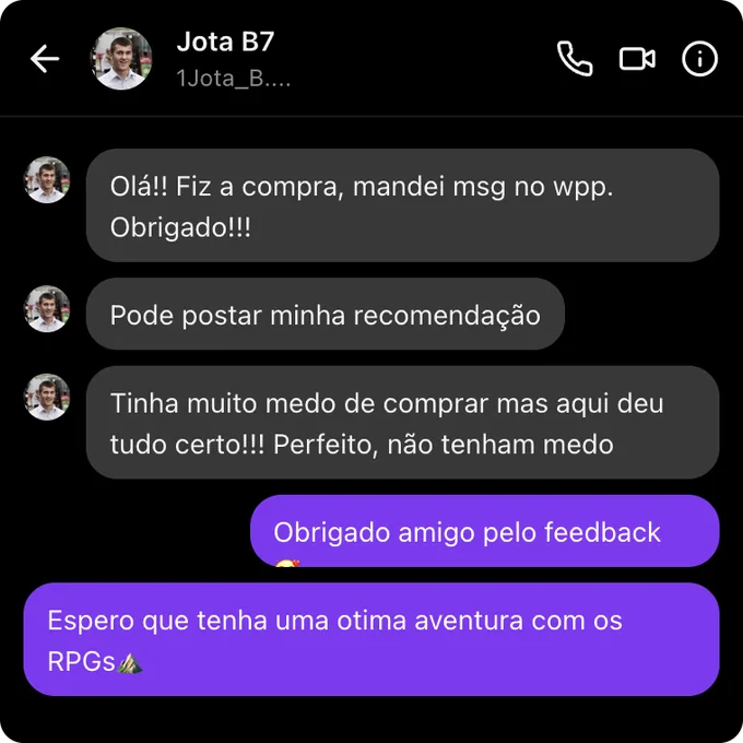 Captura de tela de depoimento de cliente aprovando a Biblioteca RPG Master