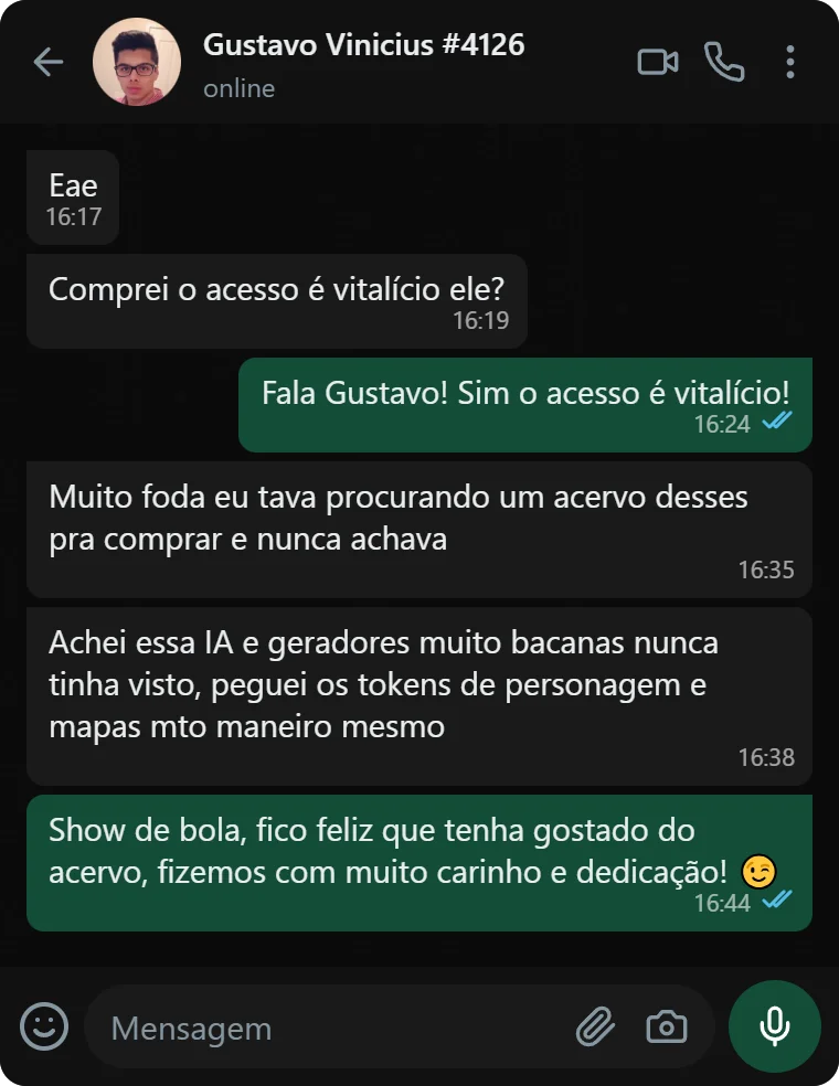 Conversa com cliente da Biblioteca RPG Master elogiando o acervo, a IA e os tokens de personagem e mapas